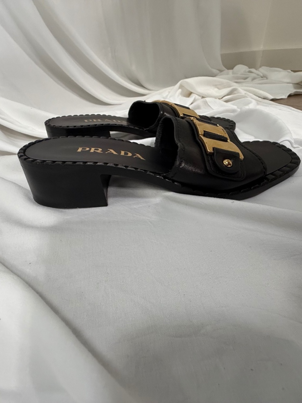 Prada Black Leather Slide Sandals with Gold Chain Accent - Picture 2 of 6